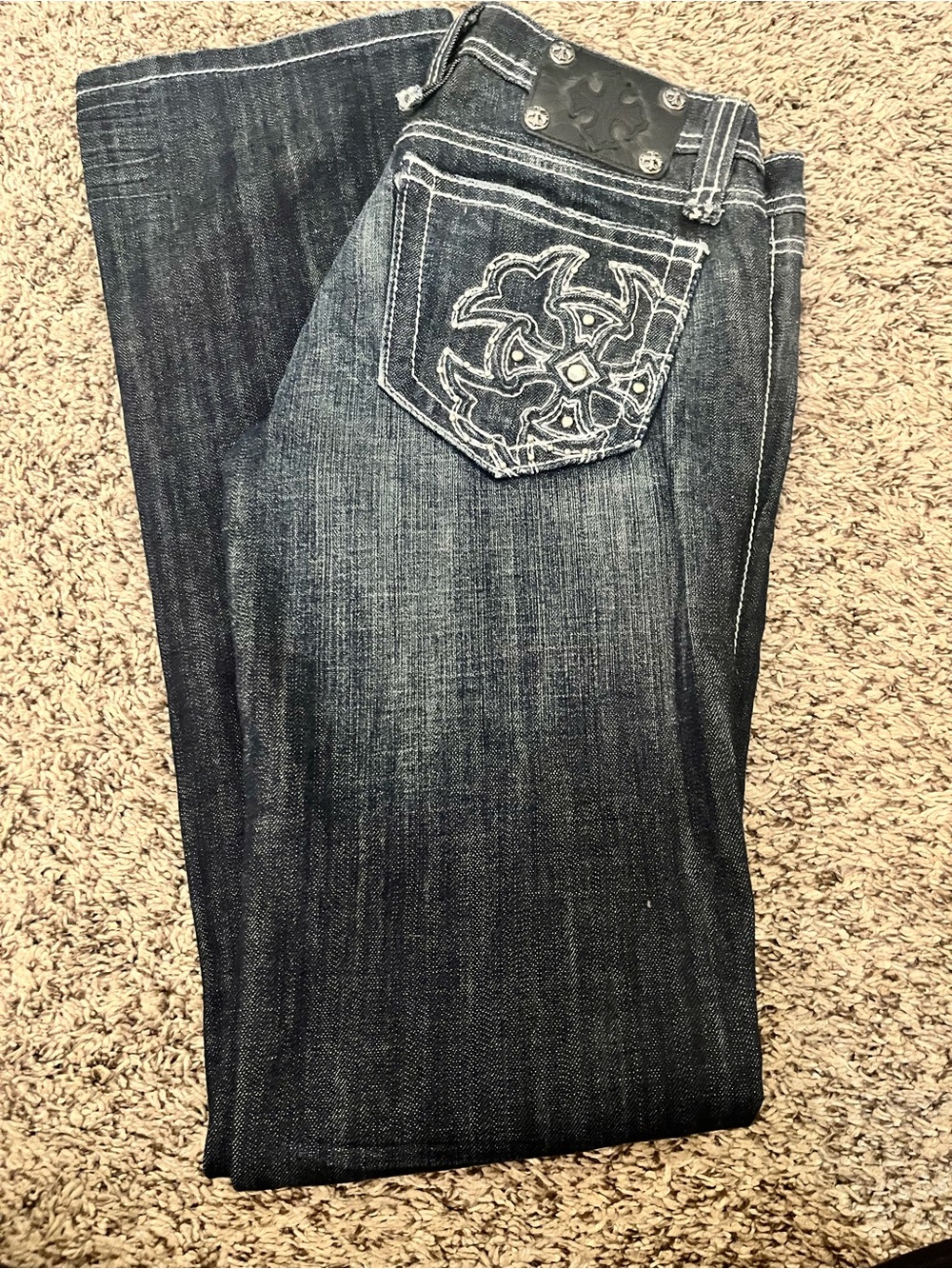 Miss Me Dark Blue Bootcut Jeans with White Embroidered Back Pocket